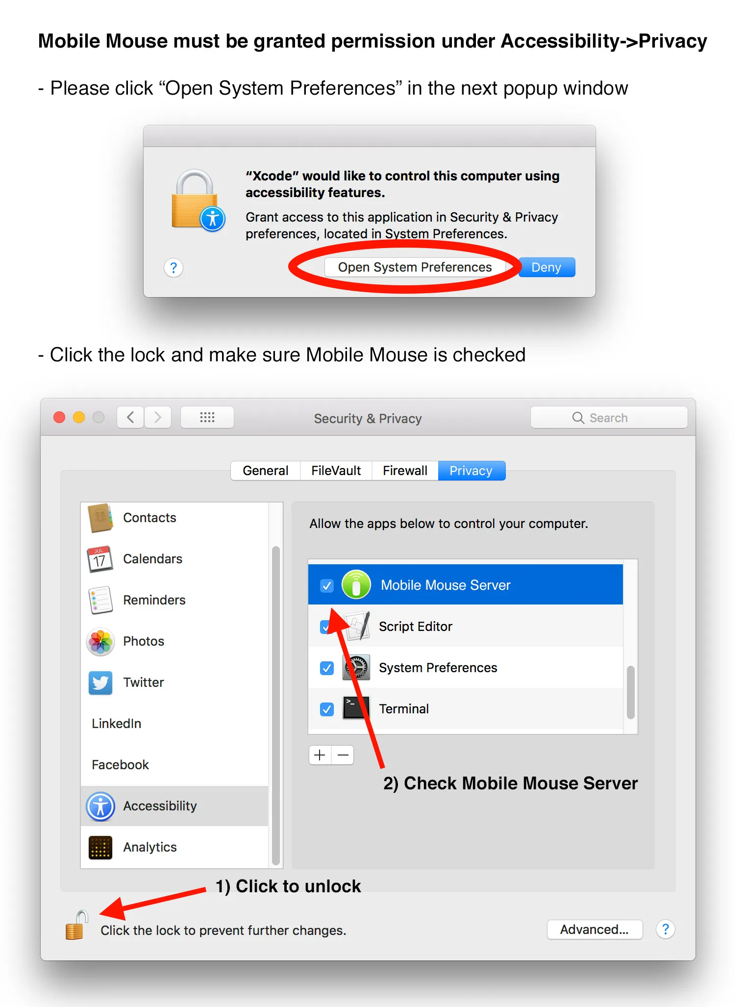 macOS Accessibility settings with Mobile Mouse permission enabled