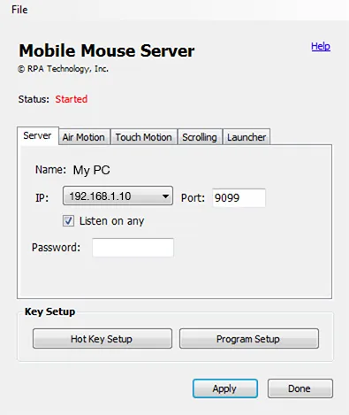 Mobile Mouse Server settings on Windows